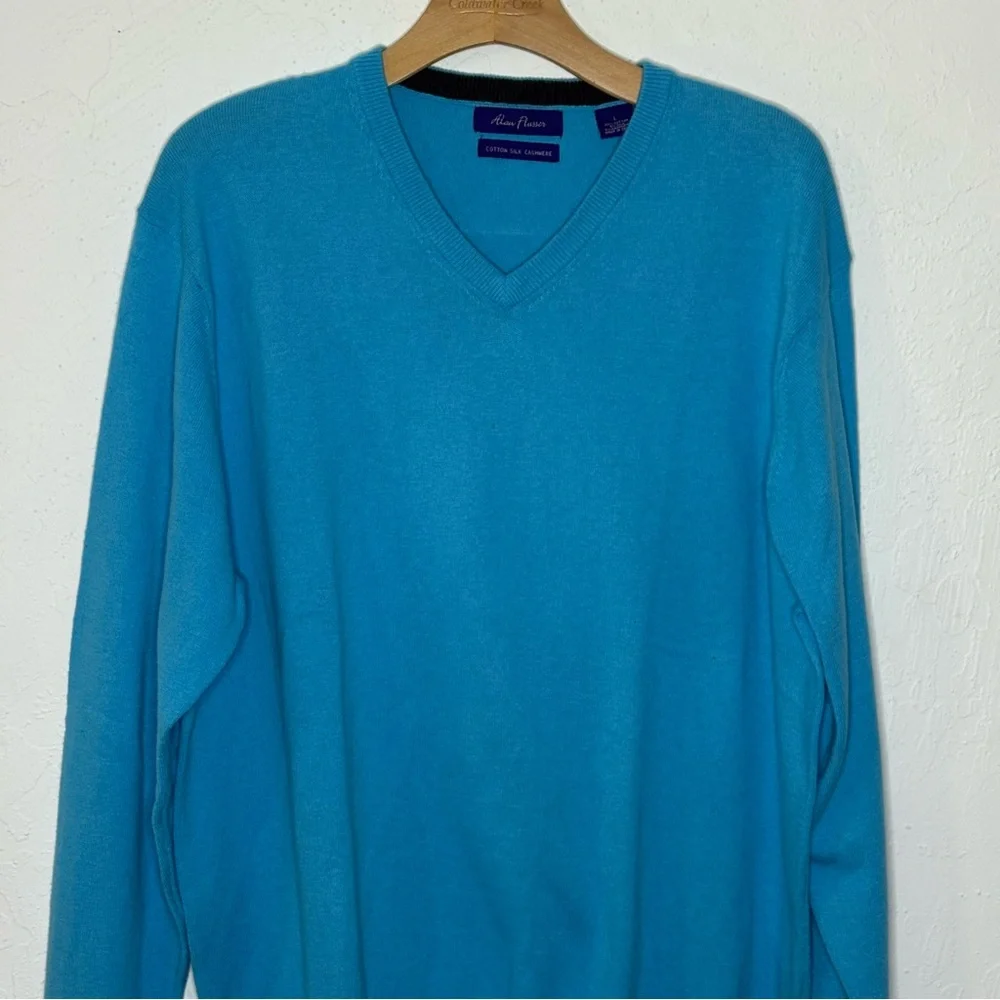 Alan Flusser Cotton Silk Cashmere‎ V Neck Blue Sweater Men’s L Soft Pullover